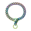 Detailed view of the 19mm heavy-duty rainbow stainless steel Cuban link dog collar and metal ring. - 12 Inch / Colorful