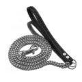 Durable stainless steel Cuban link dog leash with comfortable black leather handle for pets. - 60cm Chain Length + Black Leather / 10mm Steel Color