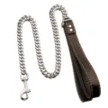 Stainless steel cuban link dog leash with black leather handle, durable pet chain lead. - 60cm Chain Length + Black Leather / 14mm Steel Color Triangle Buckle