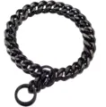 Stainless steel heavy duty curb chain dog collar detail view with black finish and dual metal rings. - 12 Inch / Black