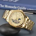 Luxury gold men's automatic mechanical watch with skeleton flywheel and steel band - Silver