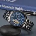 Premium men's automatic mechanical watch with black steel band and blue flywheel dial - Lead Grey