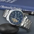 Men's automatic mechanical watch with blue dial and silver stainless steel strap - White