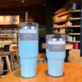Light blue 30oz and 20oz vacuum insulated stainless steel coffee tumblers with straws - Sky Blue