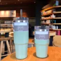 Mint green stainless steel vacuum insulated travel coffee mugs in 30oz and 20oz sizes - Light Green