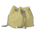 Yellow rhinestone drawstring evening bucket bag with silver chain and pearl details - Yellow