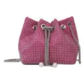 Sparkly hot pink rhinestone drawstring bucket bag with silver chain and pearl details - Rose Red