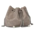 Elegant champagne rhinestone drawstring evening bucket bag with silver chain and pearl accents - Khaki