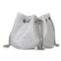 Elegant silver rhinestone drawstring evening bucket bag with pearl details. - White