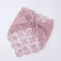 Detailed shot of dusty pink lace floral embroidered triangle headscarf with scalloped edge. - Light Purple