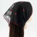 Black lace triangle headscarf with red floral embroidery, vintage hair accessory for women. - Black