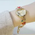 Gold heart quartz watch for women, cute cherry and mushroom charm bracelet fashion timepiece. - Gold