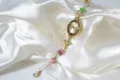 Vintage oval quartz watch with pearl flower beaded bracelet, elegant women gold wristwatch. - Gold