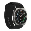 Smartwatch with black silicone strap and metallic cushion case, featuring digital display. - Black
