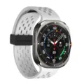 Replacement silicone strap with magnetic buckle for smartwatches, breathable white design. - Silver Buckle / White