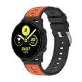 Closeup detail of the black and orange silicone smartwatch strap with vertical stripes. - 20mm / Black + Orange