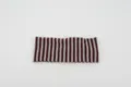 Closeup detail of the retro striped knitted sports headband and elastic hair accessory. - Burgundy & Grey Vertical Stripes
