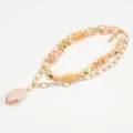 Multi-layer beaded necklace with gold metal chain, pink stone pendant, chic fashion jewelry. - Off White