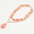 Elegant Multi-layer Beaded Necklace Pink Marbled Oval Stones Gold Chain Pendant Variant - Peach