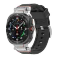 Rugged mecha metal connector and durable flat silicone watch strap designed for Galaxy Watch Ultra. - Black