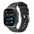 Detail view of black textured silicone watch strap with stainless steel buckle, compatible design. - 38/40/41mm / Black