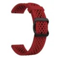 Detailed view of the red silicone watch strap with breathable perforation design and buckle. - 22mm / China Red