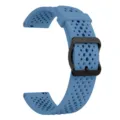Detailed view of the blue perforated silicone watch band with quick release pins and black buckle. - 22mm / Premium Blue