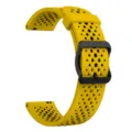 Detail view of breathable silicone watch strap in vibrant yellow with black metal buckle. - 22mm / Lemon Yellow