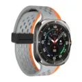Perforated magnetic silicone watch strap replacement for daily smart wearable devices. - Black Clasp / Gray and Orange