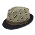 Close-up detail of the woven geometric pattern crown and striped band on the mens fedora. - M (56-58cm) / Black