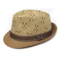 Close-up detail of the woven straw fedora hat, showing texture, geometric pattern and band. - M (56-58cm) / Khaki