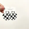Black and white checkerboard heart earrings, stylish retro geometric drop earrings for women. - Heart