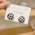 Chic black and white checkerboard stud earrings featuring S925 silver needle design. - Round Checkerboard Black