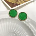 Vintage green leather circle earrings with gold twisted metal border for women stylish chic jewelry - Round Fruit Green