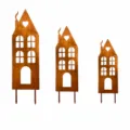 Ensemble de piquet de jardin silhouette de maison en métal rouillé, déco pelouse tableau des tailles. - Petite Maison Cœur / Rouille