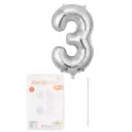 Ballon aluminium chiffre 3 argenté avec carte d'emballage et paille pour fête d'anniversaire. - Chiffre 3 / 16" / Argent