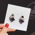 Geometrische Diamant Kristall Ohrringe, Mode 925 Silber Nadel Strass Schmuck Detailansicht. - Schwarz