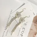 Elegant long rhinestone tassel earrings with flower stud and 925 silver needle, shiny chic jewelry. - Flower Hook Earrings