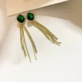 Élégantes boucles d'oreilles longues franges strass vert, bijoux géométriques pendants. - Vert