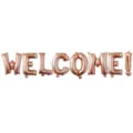 Dettaglio ravvicinato di palloncini in folio oro rosa con la scritta welcome per feste. - Palloncini Welcome! oro rosa