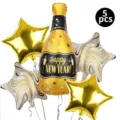 Kit de 5 ballons de fête du Nouvel An avec bouteille de champagne et étoiles dorées. - Ensemble de Combinaison Nouvel An 3 / Set de 5 pièces