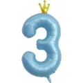 Gros plan détaillé du grand ballon en aluminium chiffre 3 bleu avec couronne dorée. - Nombre 3 (Couronne Jointe) / L / Bleu