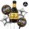 Détail de l'ensemble de ballons en aluminium du Nouvel An avec bouteille et étoiles. - Ensemble de Combinaison Nouvel An 8 / Set de 5 pièces