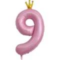 Vue en gros plan du ballon en aluminium chiffre neuf rose avec une jolie couronne - Nombre 9 (Couronne Jointe) / 40 Pouces / Rose