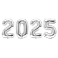 Vue rapprochée détaillée de ballons en aluminium argenté formant 2025 pour décoration. - Ballons Numériques 2025 / 32 pouces / Argent