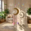 Crystal suncatcher detail featuring golden moon and cute colorful mushroom hanging pendants. - Large Moon Mushroom