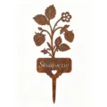 Detailed view of rusted iron garden stake featuring strawberry plant shape and cutout label text. - Strawberry Garden Stake / Rust
