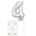 Ballon aluminium chiffre 4 argenté avec carte d'emballage et paille pour fête d'anniversaire. - Chiffre 4 / 16" / Argent