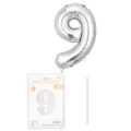 Ballon aluminium argenté chiffre 9 avec carte d'emballage et paille pour décoration. - Chiffre 9 / 16" / Argent