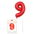 Ballon chiffre 9 en aluminium rouge de 16 pouces avec carte d'emballage et baton de fete. - Chiffre 9 / 16" / Rouge
